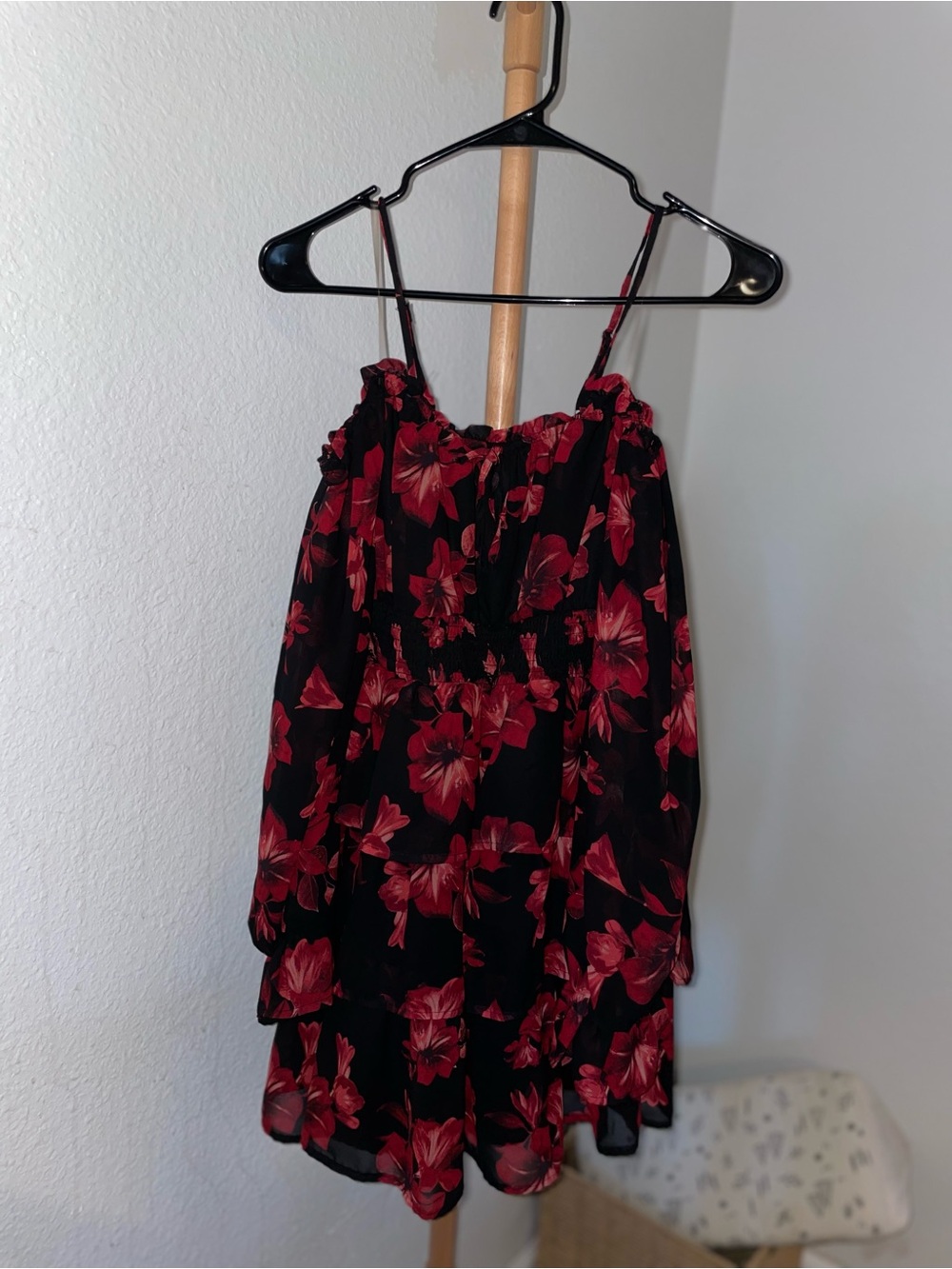 Black Floral Long-Sleeve Dress with Red Print NWOT